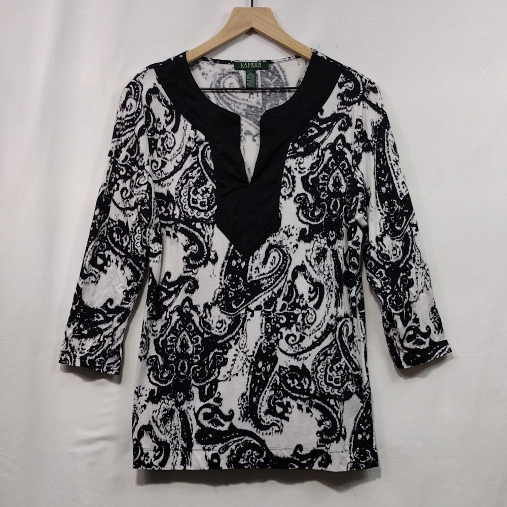 Lauren Ralph Lauren Paisley Blouse Womens L Black White Cottagecore Peasant